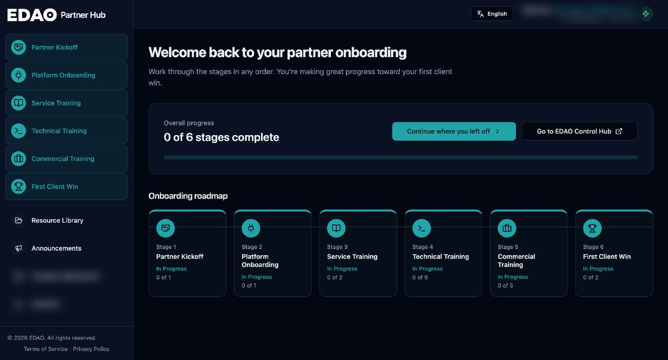 EDAO Partner Hub onboarding dashboard